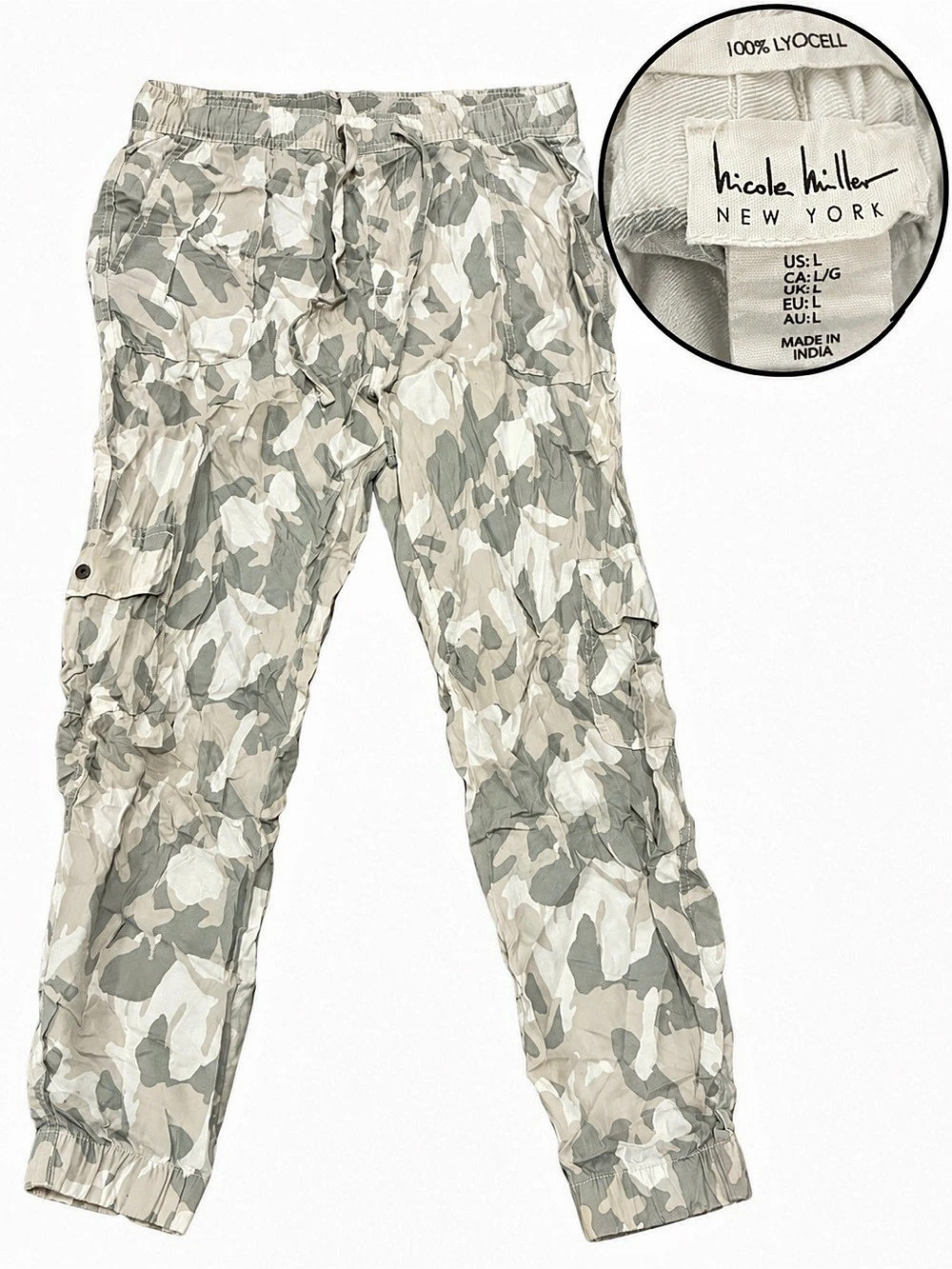 Nicole Miller New York Camo Ankle Pants in Gray & Green Size Large